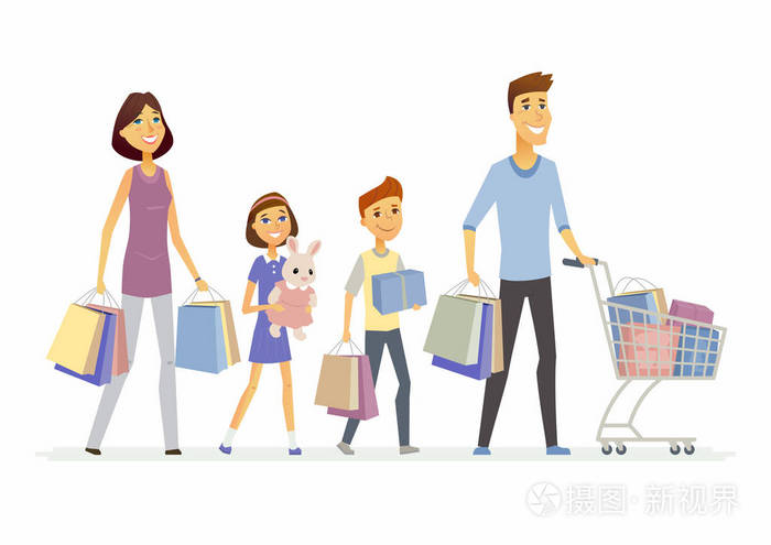 家庭去购物-卡通人物孤立插图
