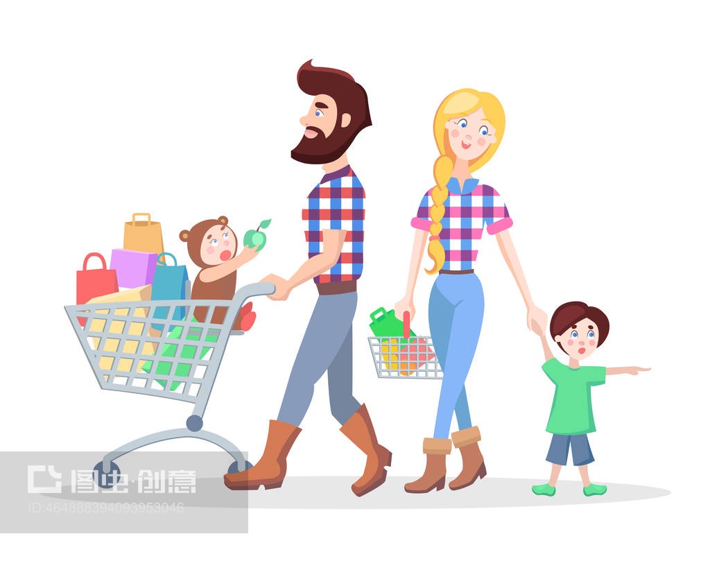 家庭购物卡通平面矢量概念Family Shopping Cartoon Flat Vector Concept